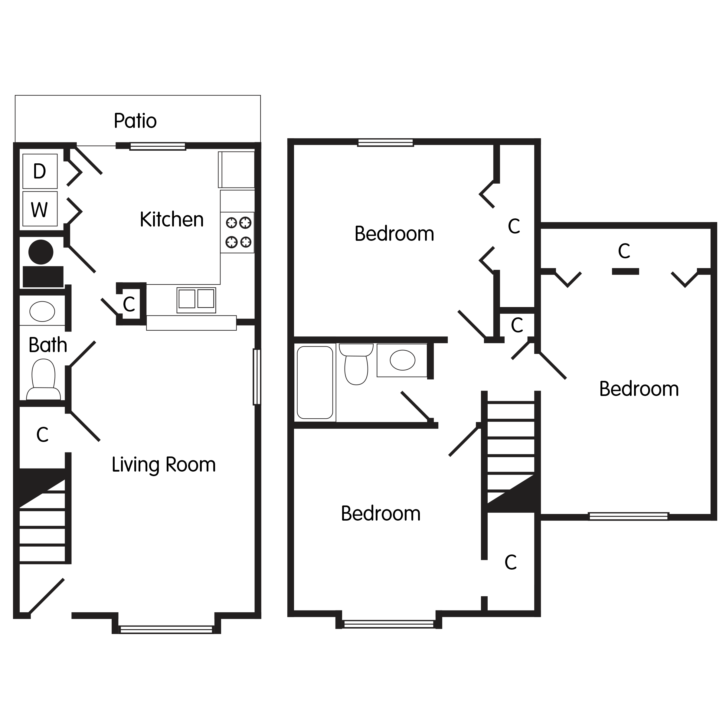 Floor plan for 3 beds, 1.5 baths, 1100 sqft